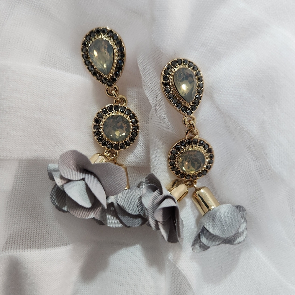 INC Crytal and Fabric Flower Petal Drop Earrings